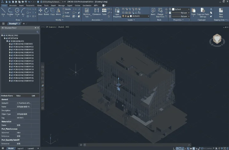 Mô hình toà nhà 3D và cây cấu trúc IFC trong ZWCAD 2026